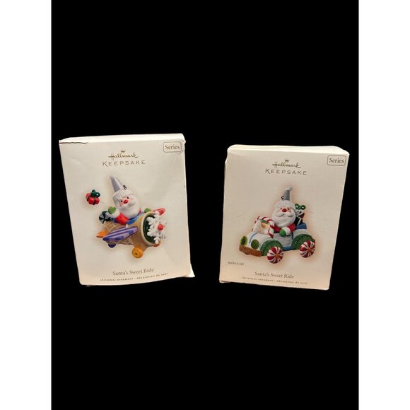 Hallmark Keepsake Santa’s Sweet Ride 2008 & 2007 Ornaments Airplane & Car W Box - Picture 1 of 9